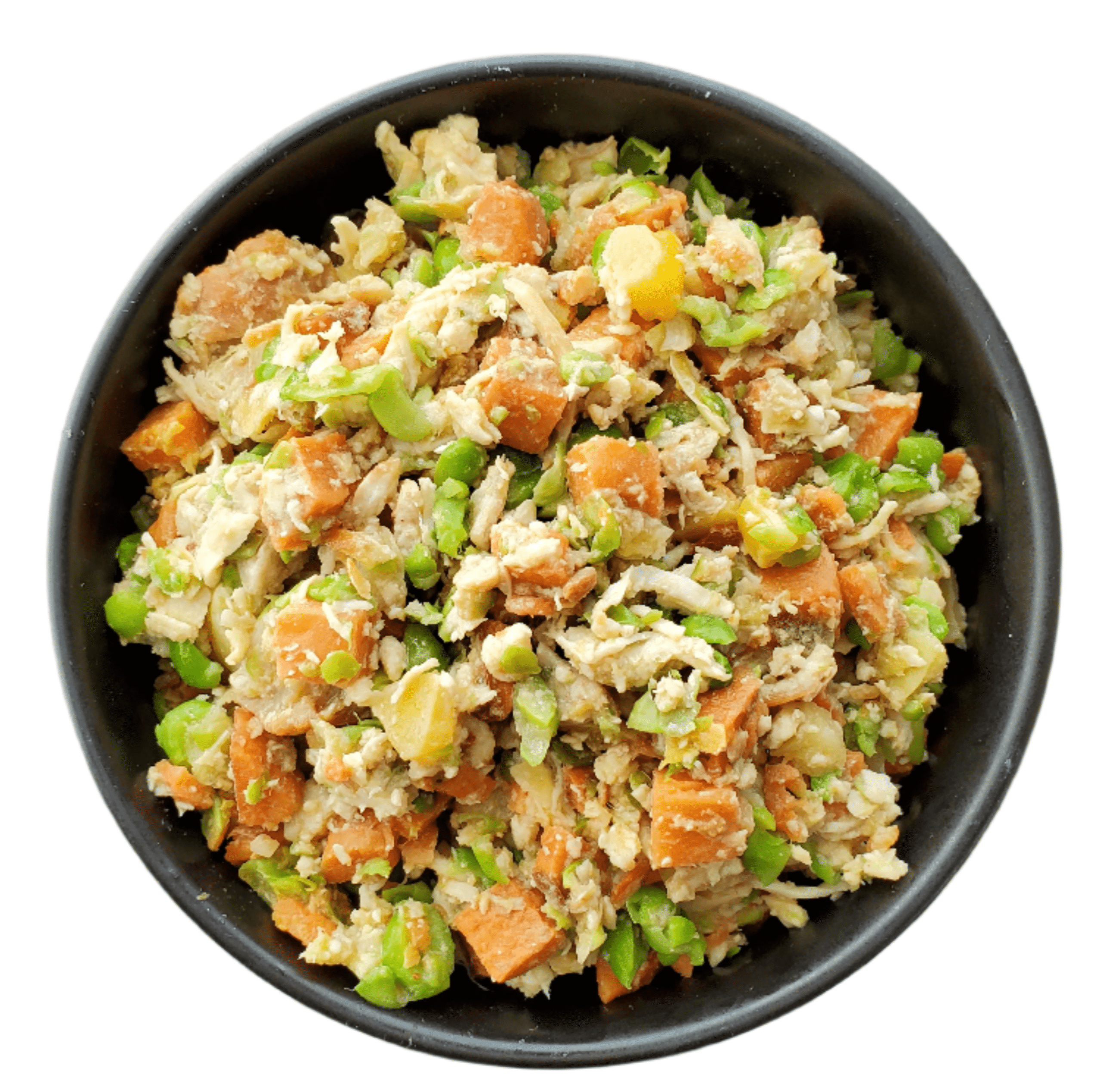 Black bowl filled with a rice salad containing carrots and green beans on a white background