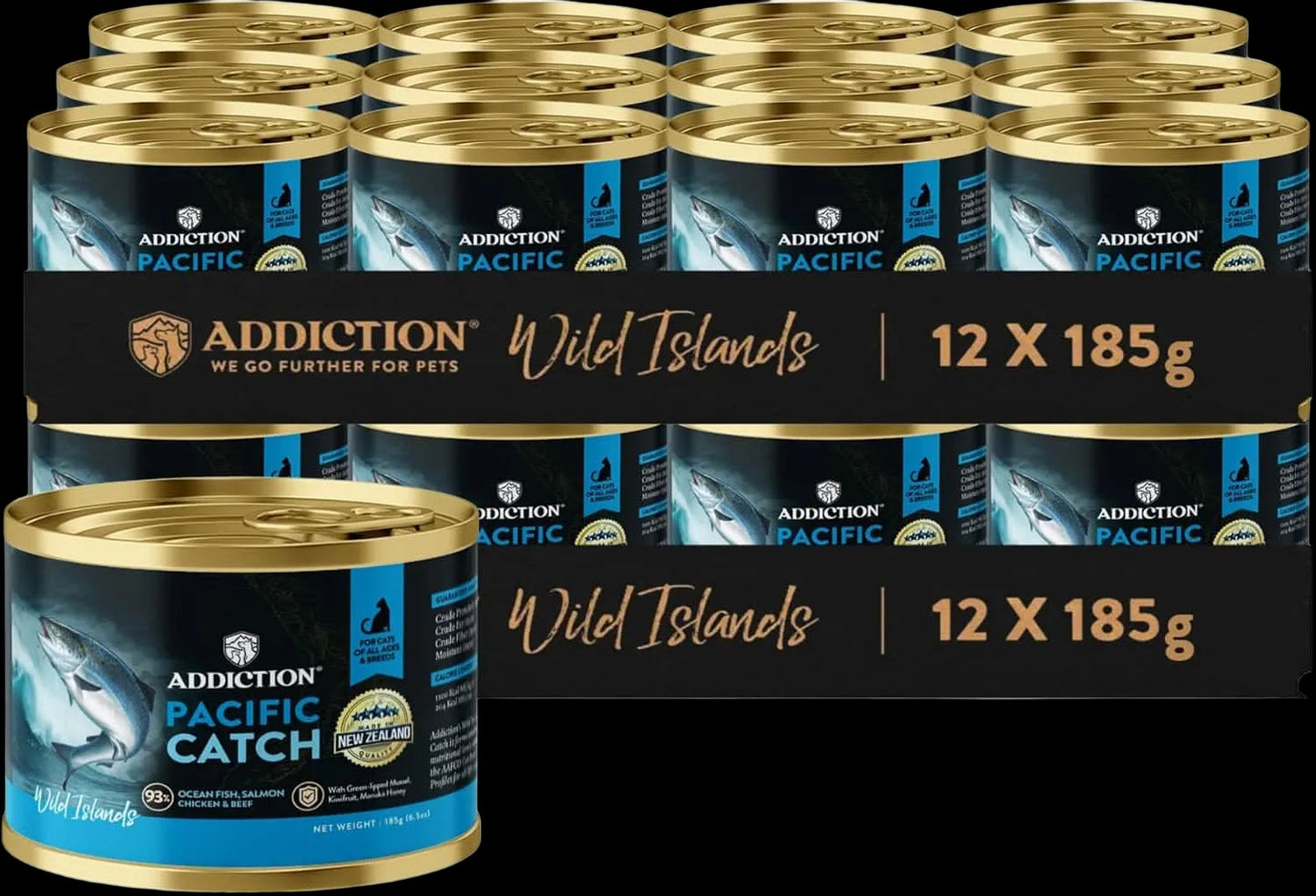 Addiction Pacific Catch pet food cans with 'Wild Islands' label on a black background