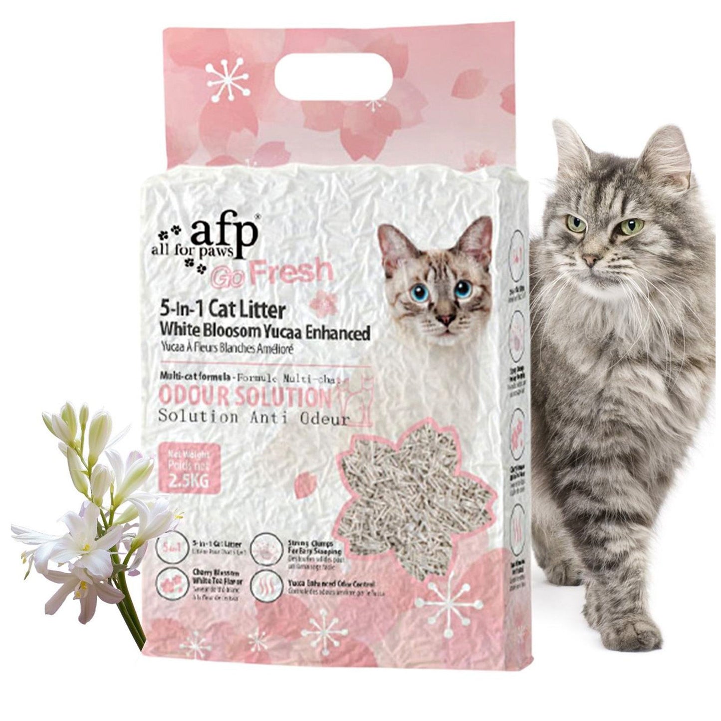 Cat litter package with a cat next to it on a white background