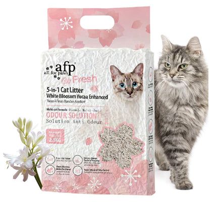 Cat litter package with a cat next to it on a white background