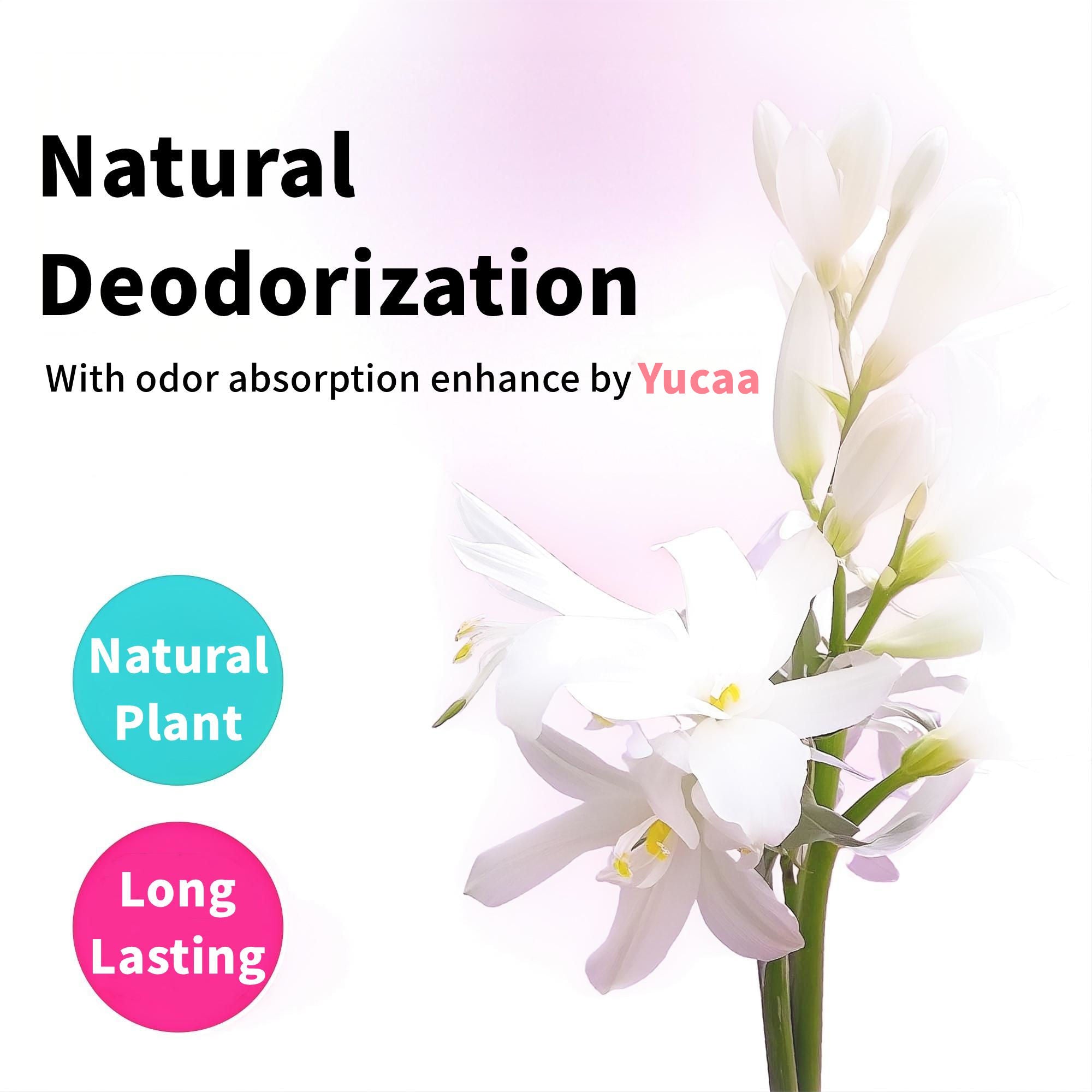 Advertisement for natural deodorization with white flowers and text about odor absorption by Yucaa.
