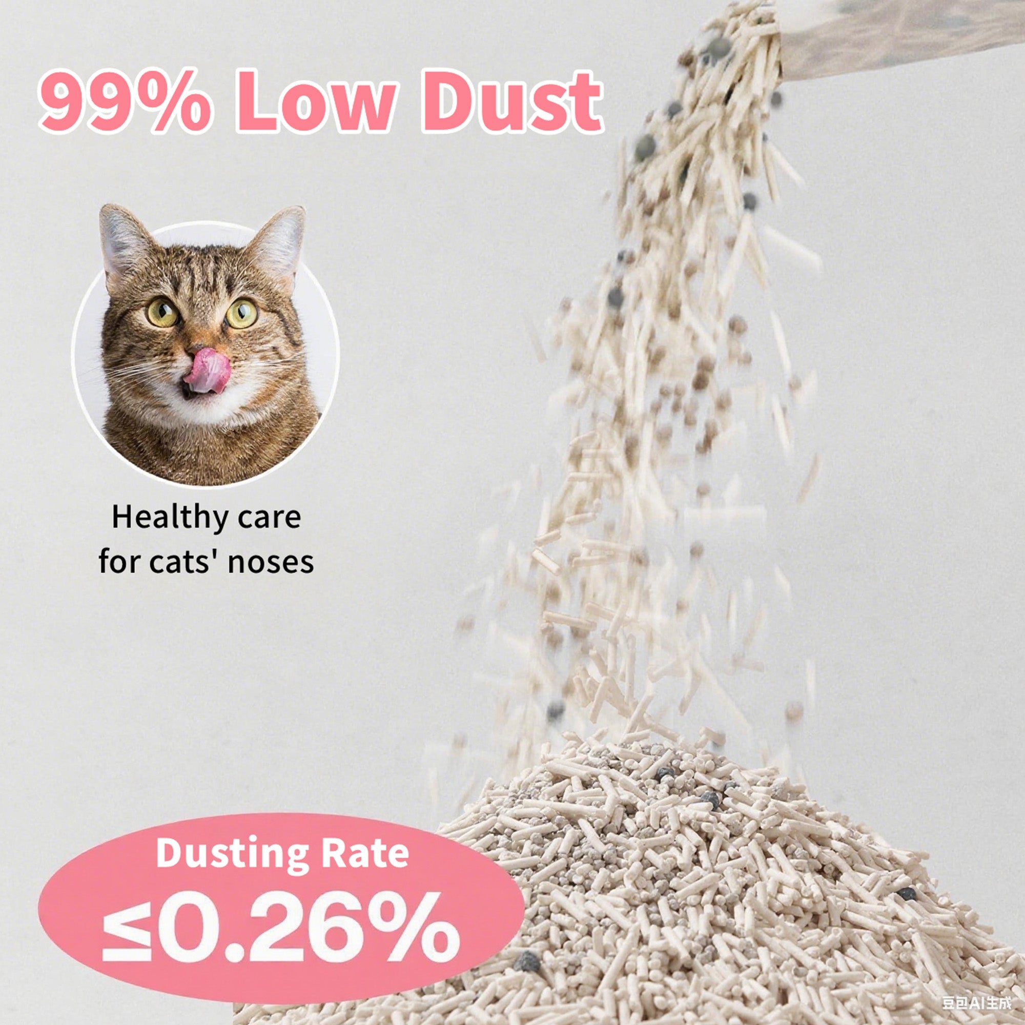 Cat with a dusting rate of 0.26% and text about low dust content