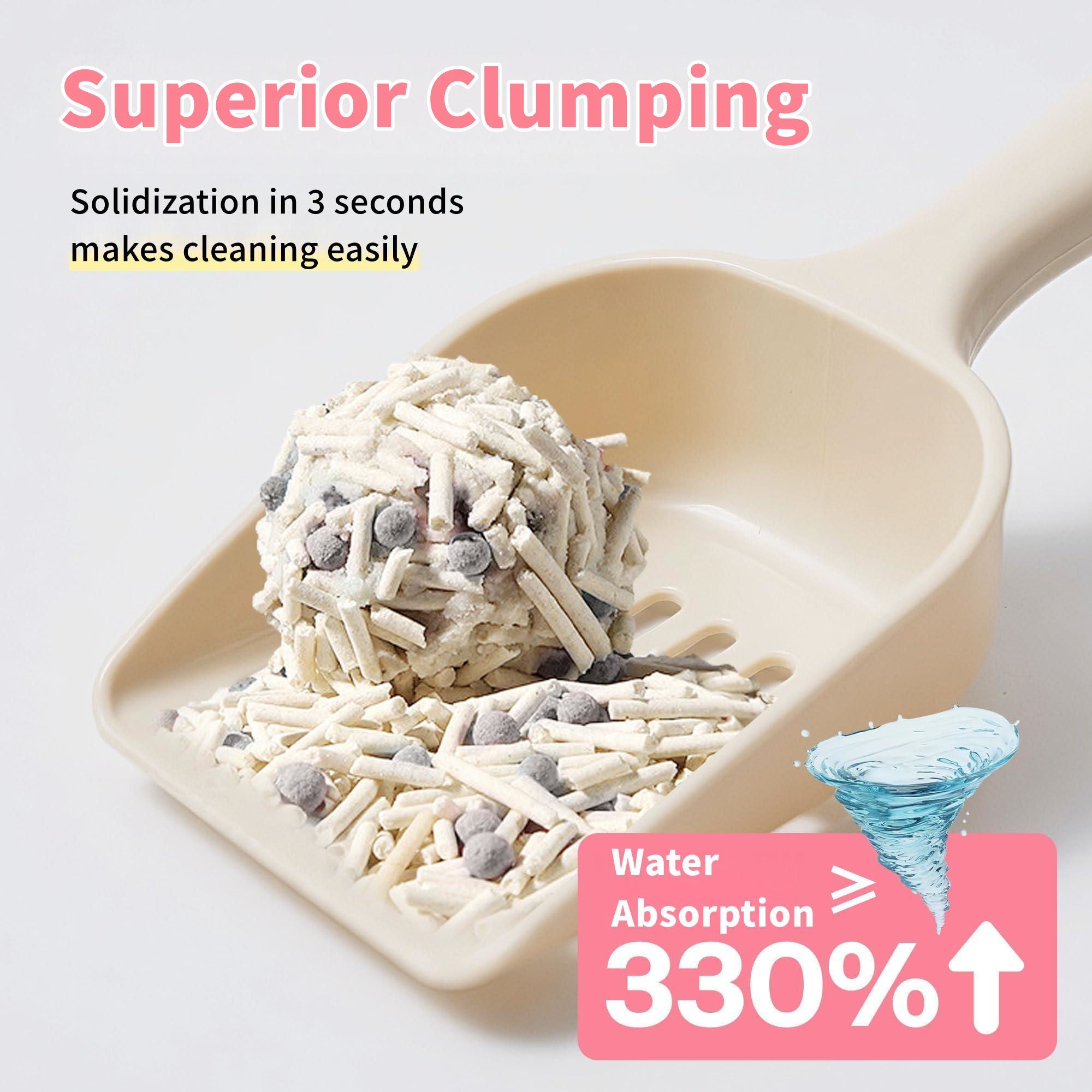 Beige scoop with clumped cat litter and text highlighting clumping properties on a light background