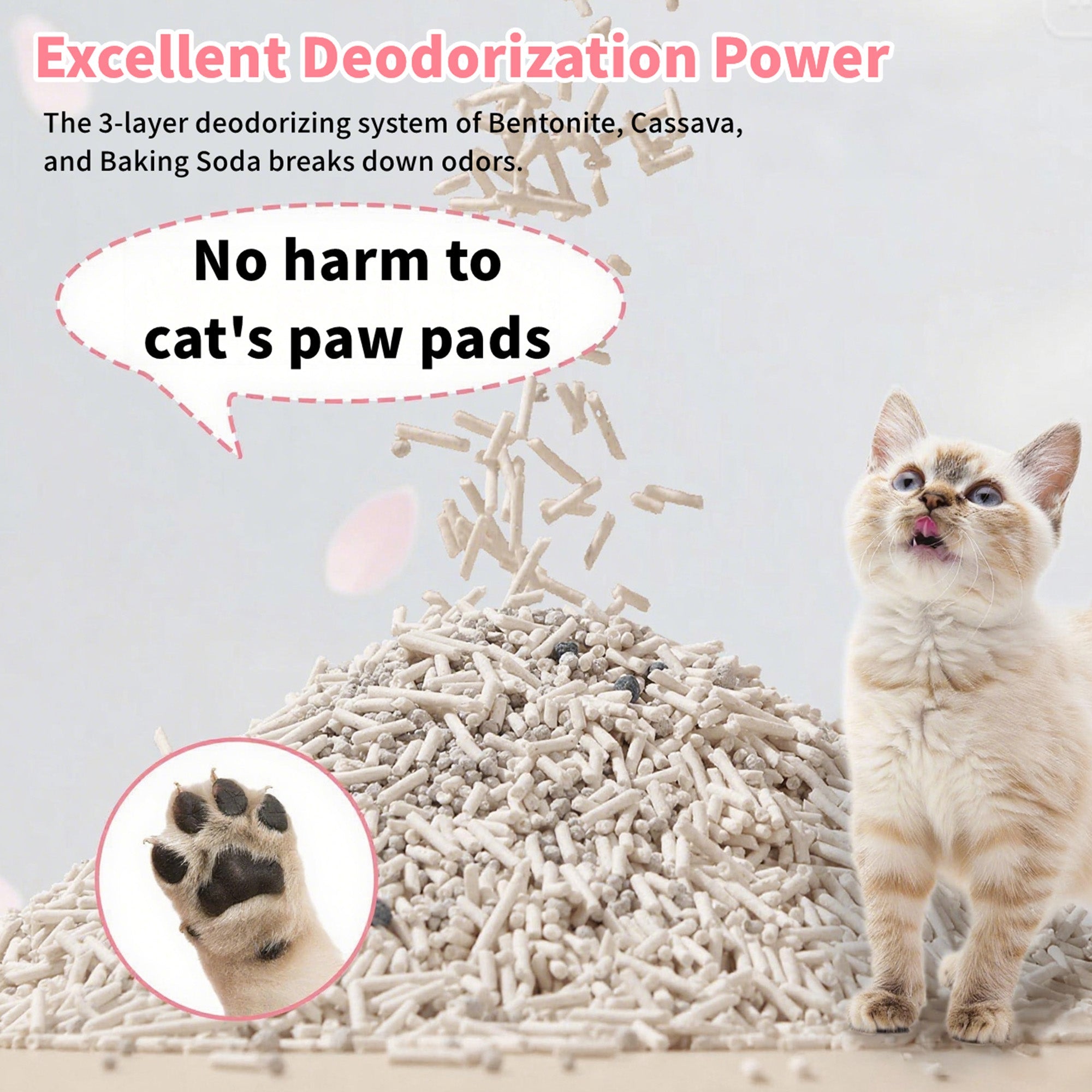 Cat litter with a cat and text about deodorization power and safety for paw pads.