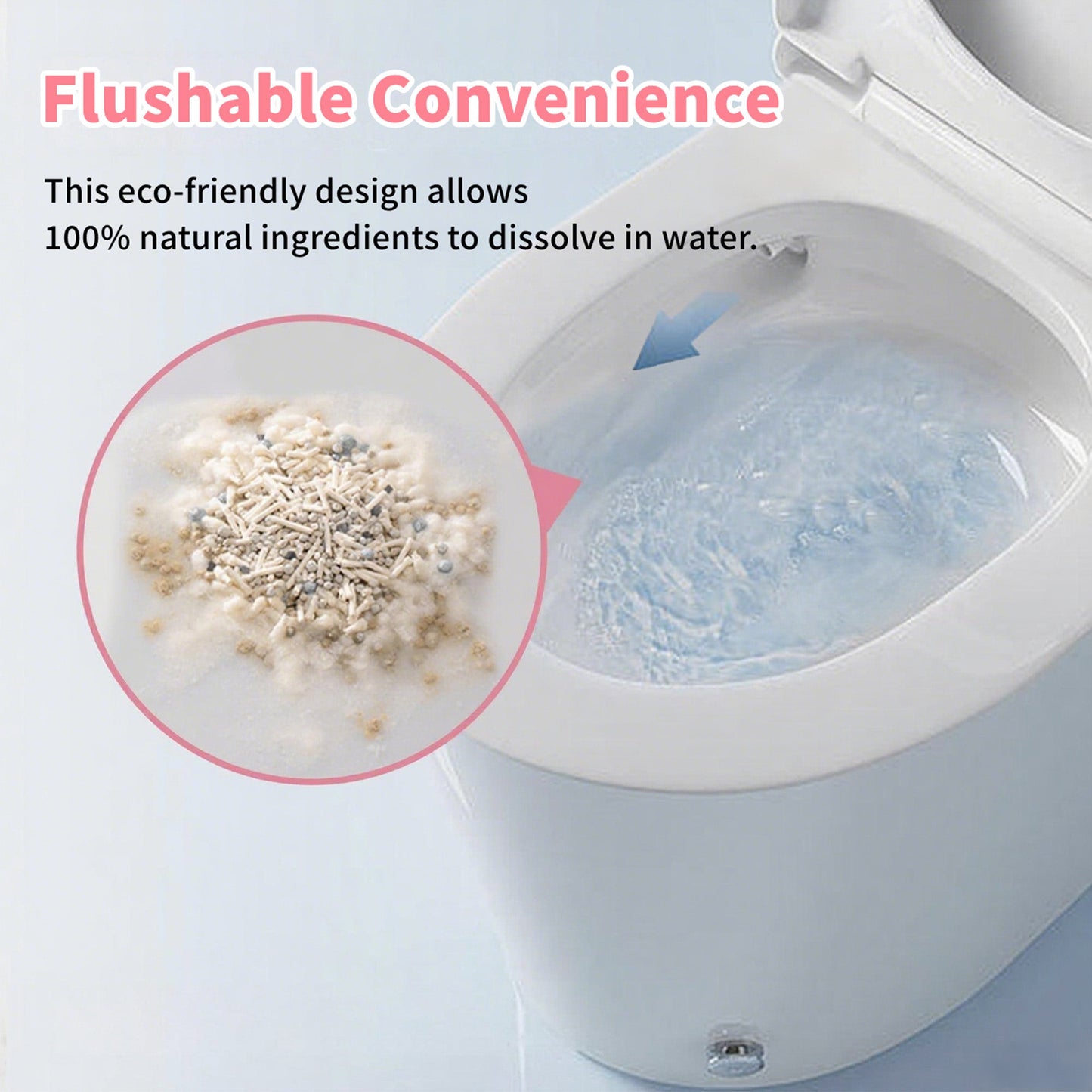 Toilet with eco-friendly cleaning product being flushed, labeled 'Flushable Convenience'.