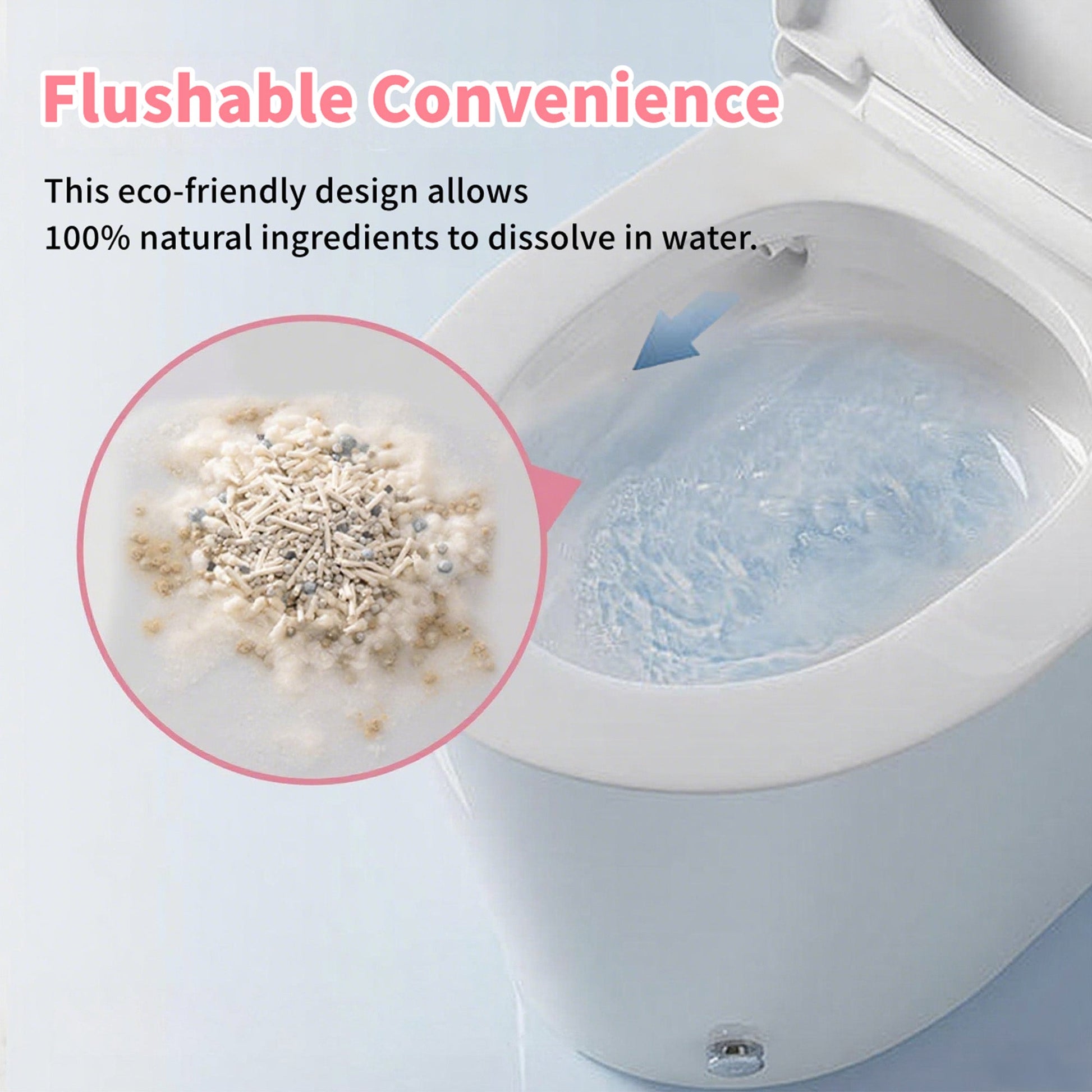 Toilet with eco-friendly cleaning product being flushed, labeled 'Flushable Convenience'.