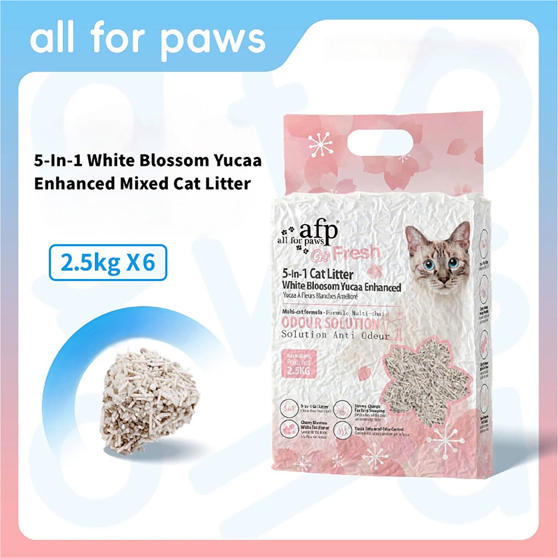 Package of 'all for paws' 5-in-1 White Blossom Yucaa Enhanced Mixed Cat Litter with a cat on the packaging.