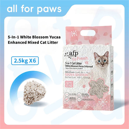 Package of 'all for paws' 5-in-1 White Blossom Yucaa Enhanced Mixed Cat Litter with a cat on the packaging.