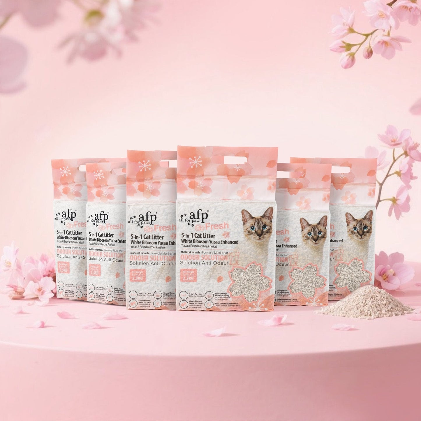 Packaging of AFP cat litter on a pink background with cherry blossoms