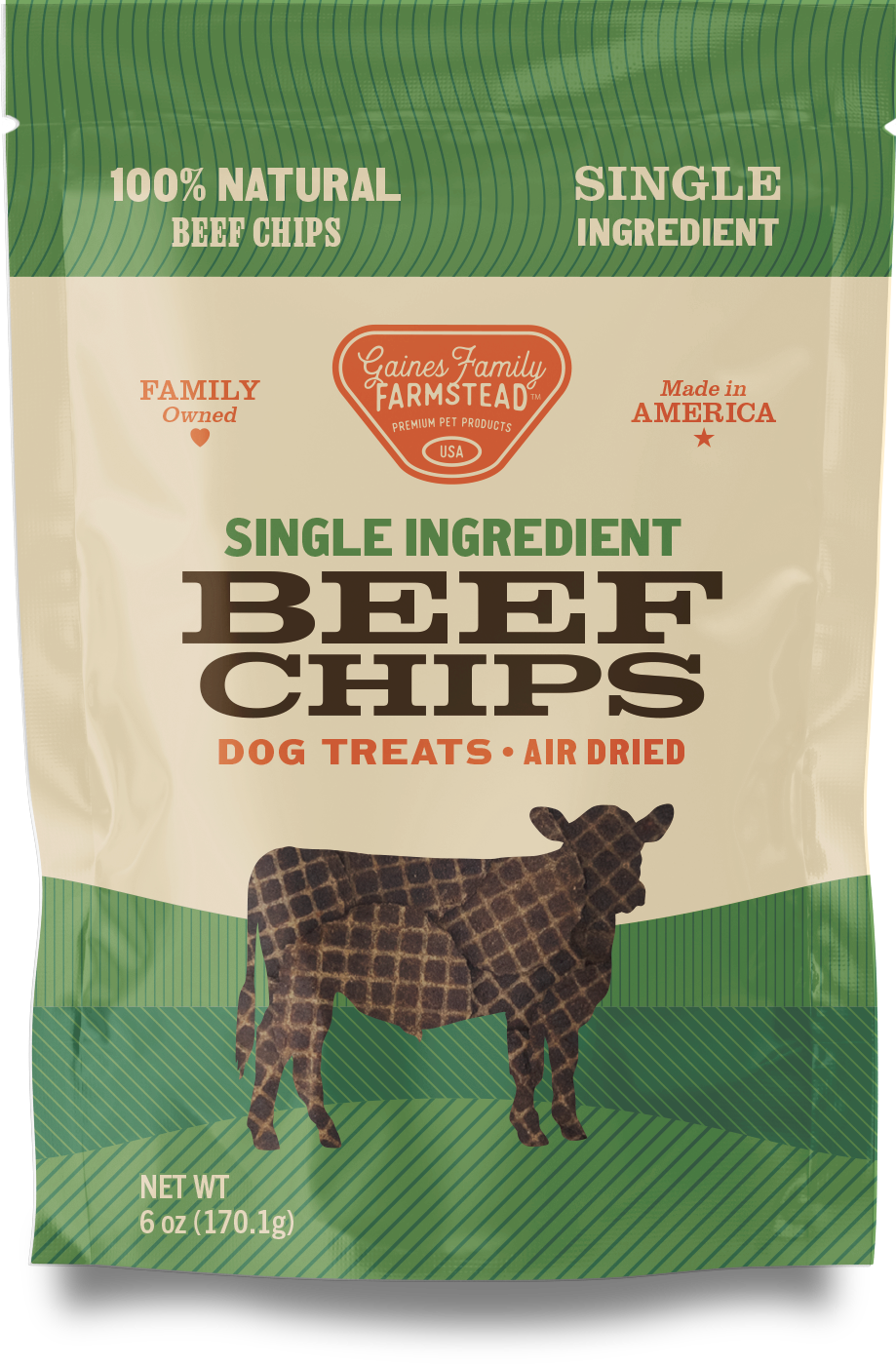 Package of Gaines Family Farmstead beef chips dog treats with a cow illustration on a green background.