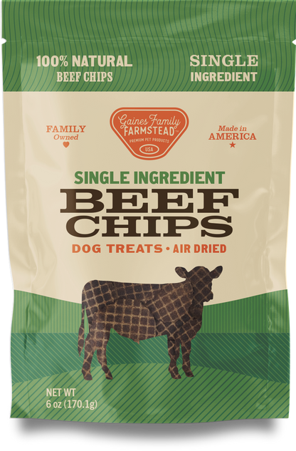 Package of Gaines Family Farmstead beef chips dog treats with a cow illustration on a green background.