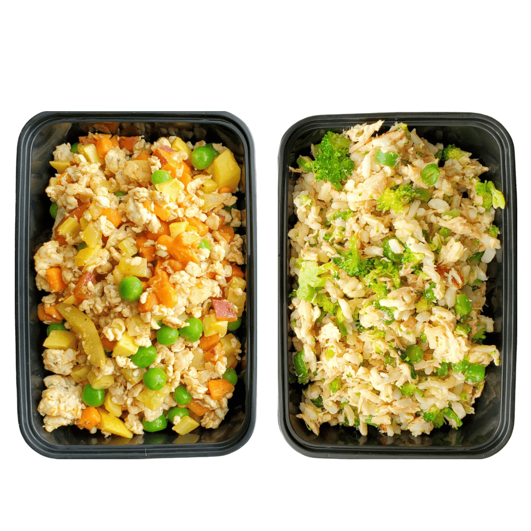 Individually portioned 8oz Din Din meal pack shown on a plain surface