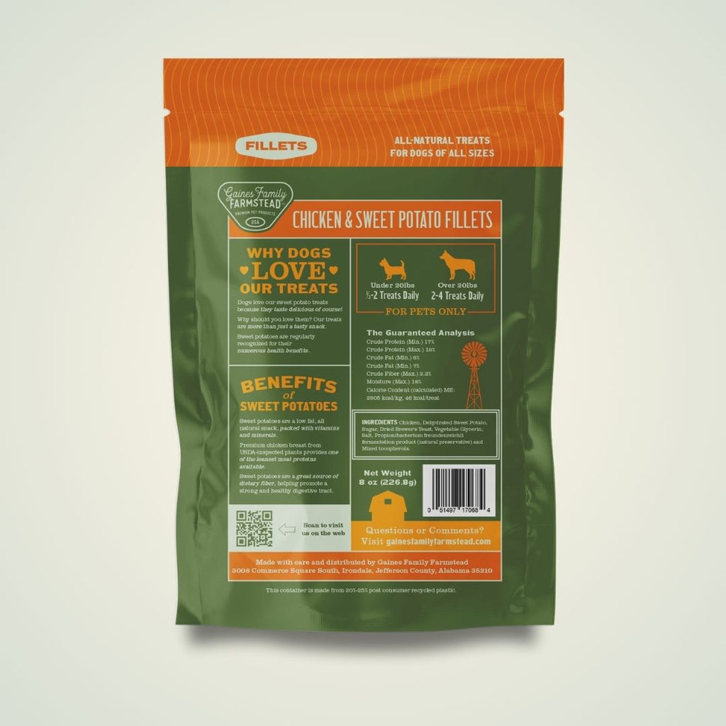 Dog treat package with green and orange design on a light gray background