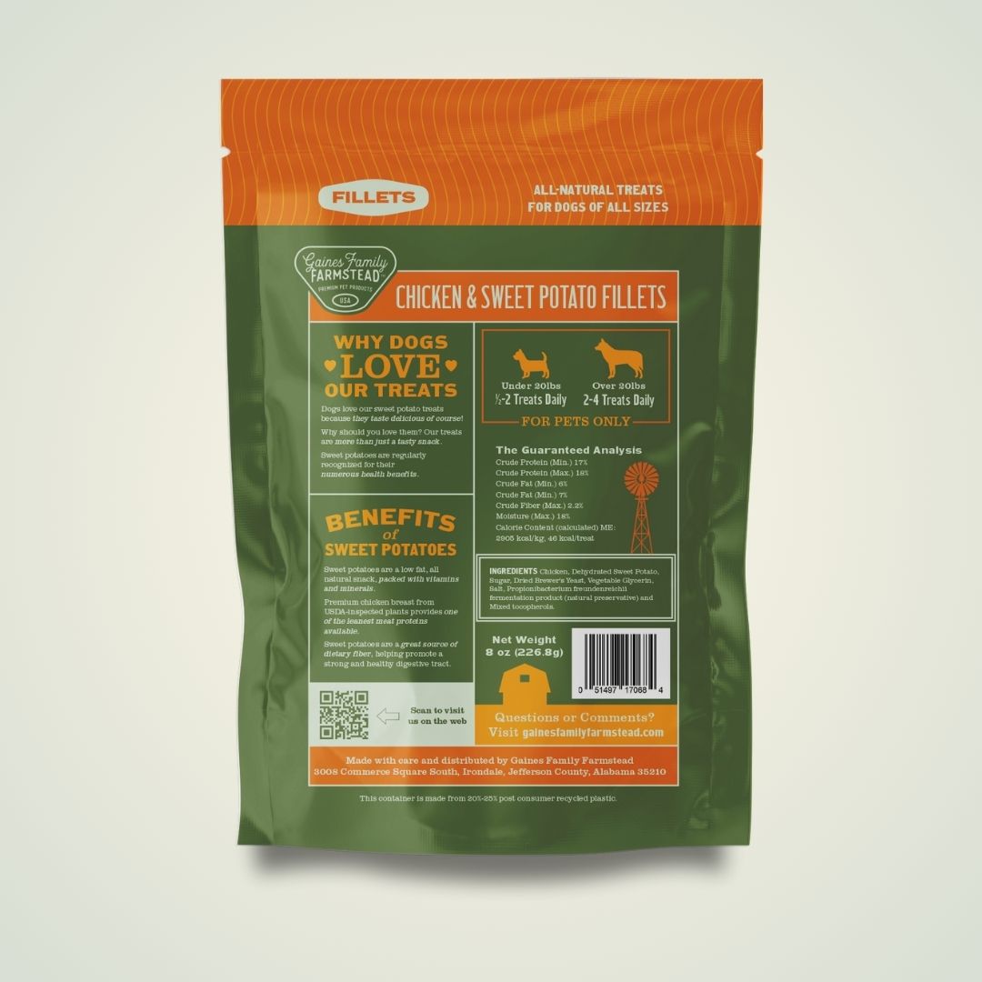 Dog treat package with green and orange design on a light gray background