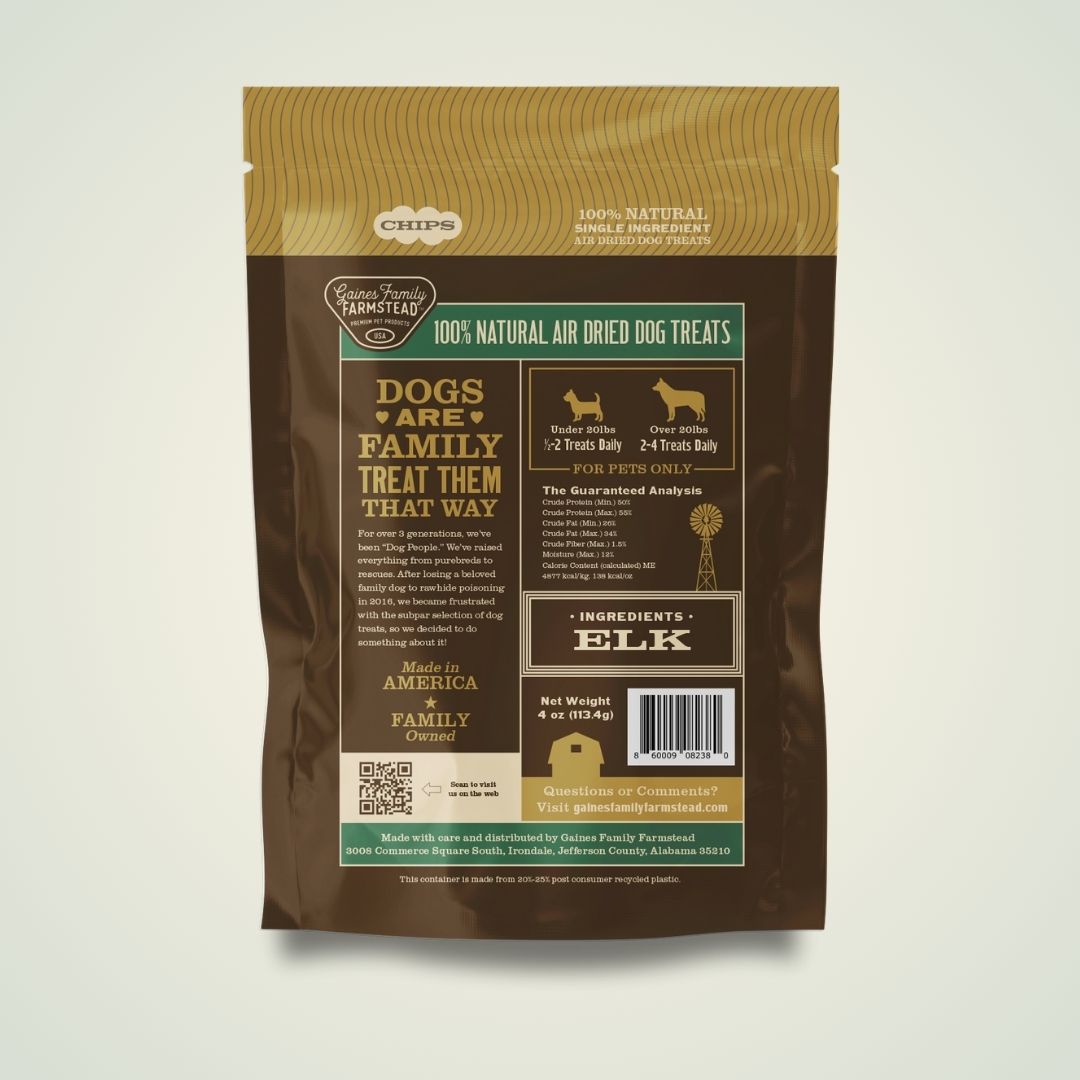 Dog treat package with brown and gold design on a white background