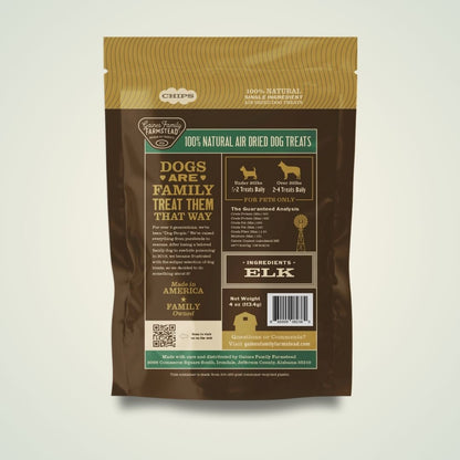 Dog treat package with brown and gold design on a white background