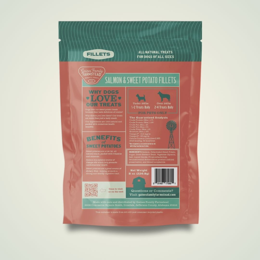 Package of Salmon & Sweet Potato Fillets for dogs on a light gray background