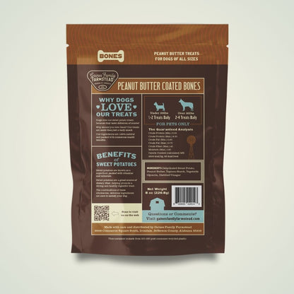 Peanut butter coated bones dog treat package on a light gray background