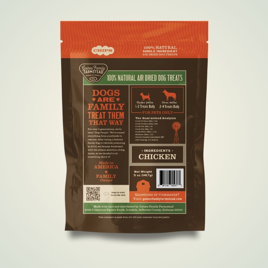 Package of natural air dried dog treats with branding and text on a light gray background