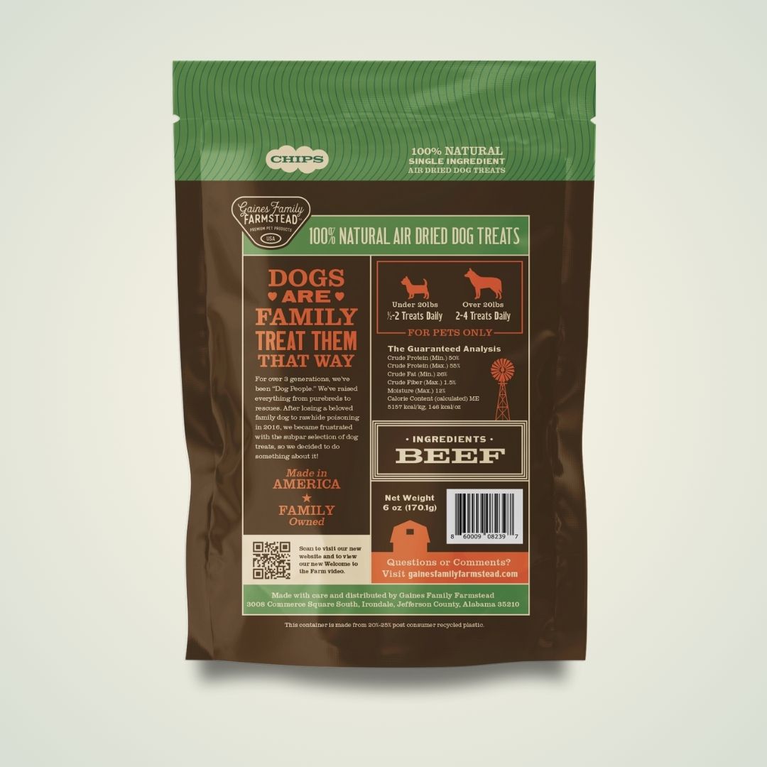 Dog treat package with green and brown design on a white background