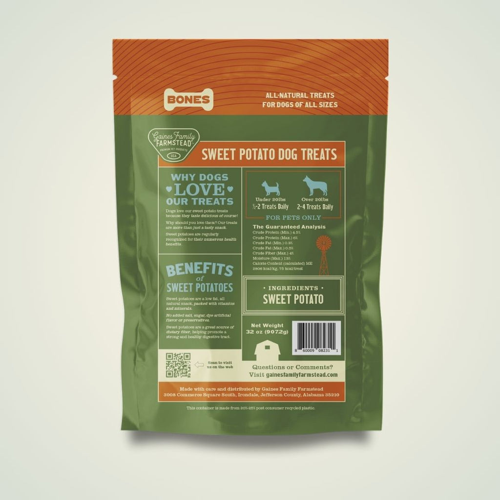 Package of sweet potato dog treats with green and orange design on a light gray background