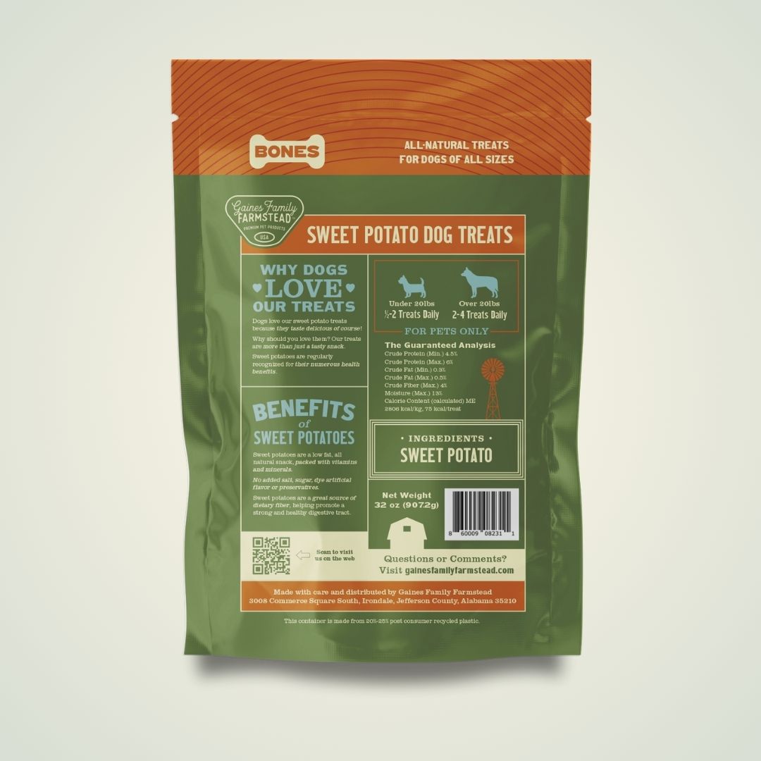 Package of sweet potato dog treats with green and orange design on a light gray background