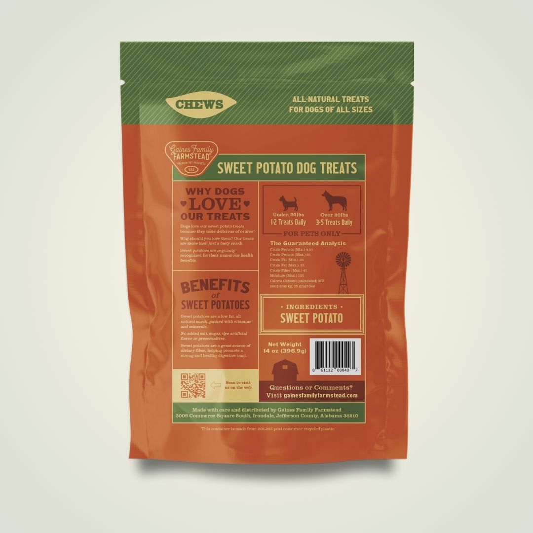 Package of sweet potato dog treats with green and orange design on a light gray background