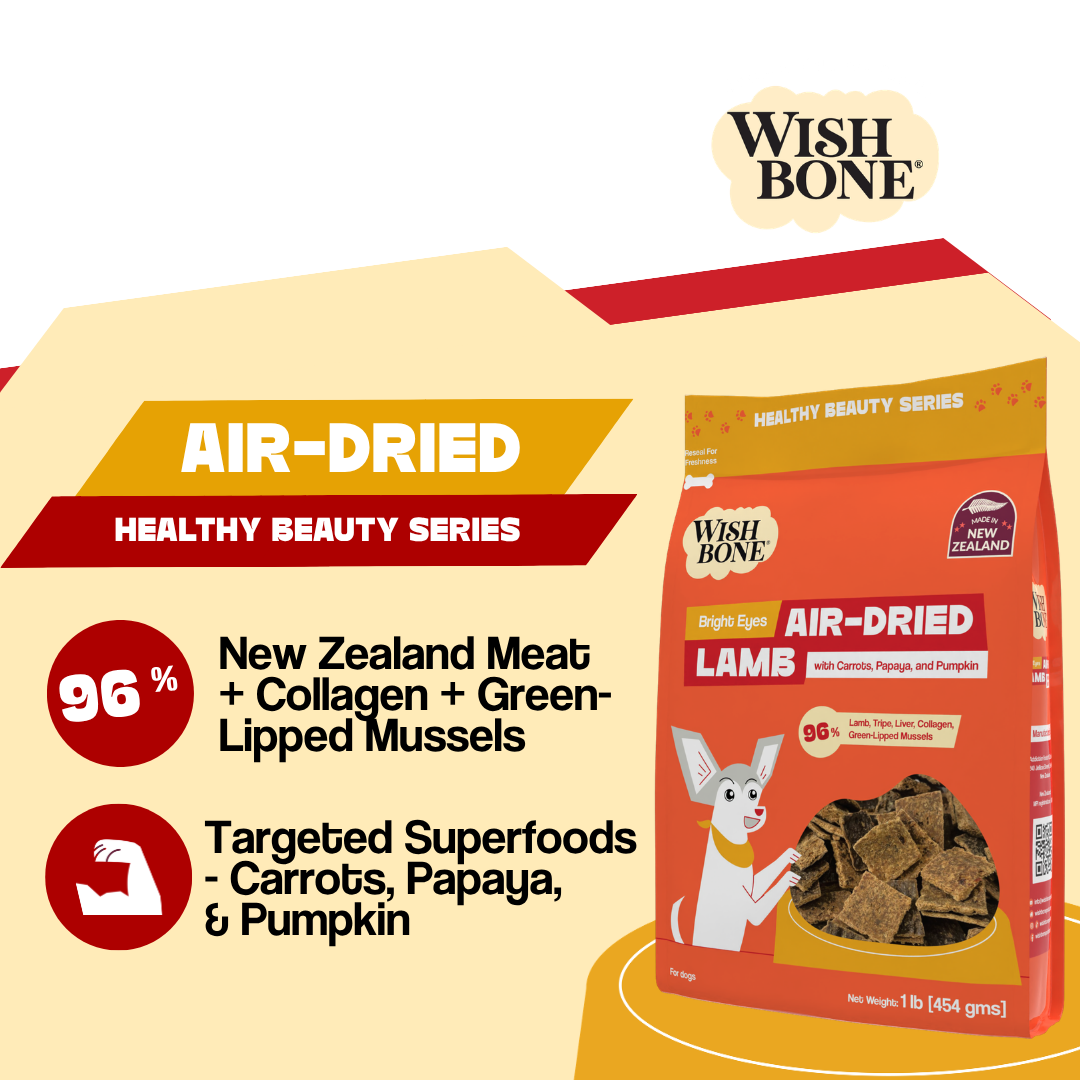 Wish Bone air-dried dog food package on a yellow background