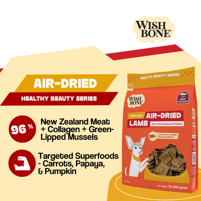 Wish Bone air-dried dog food package on a yellow background