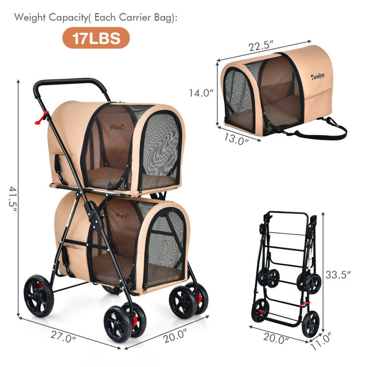 Pet stroller with dimensions and weight capacity on a white background