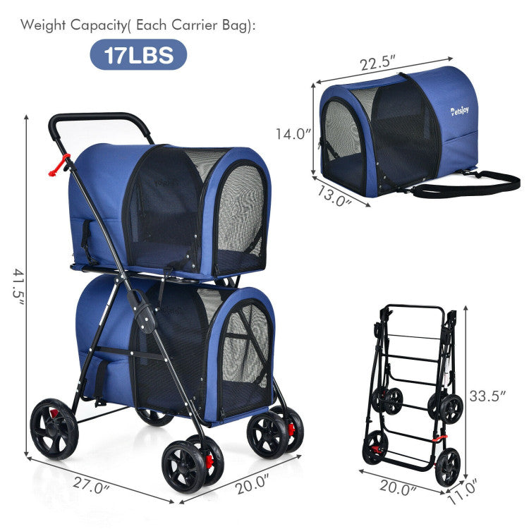 Blue pet stroller with dimensions and weight capacity on a white background