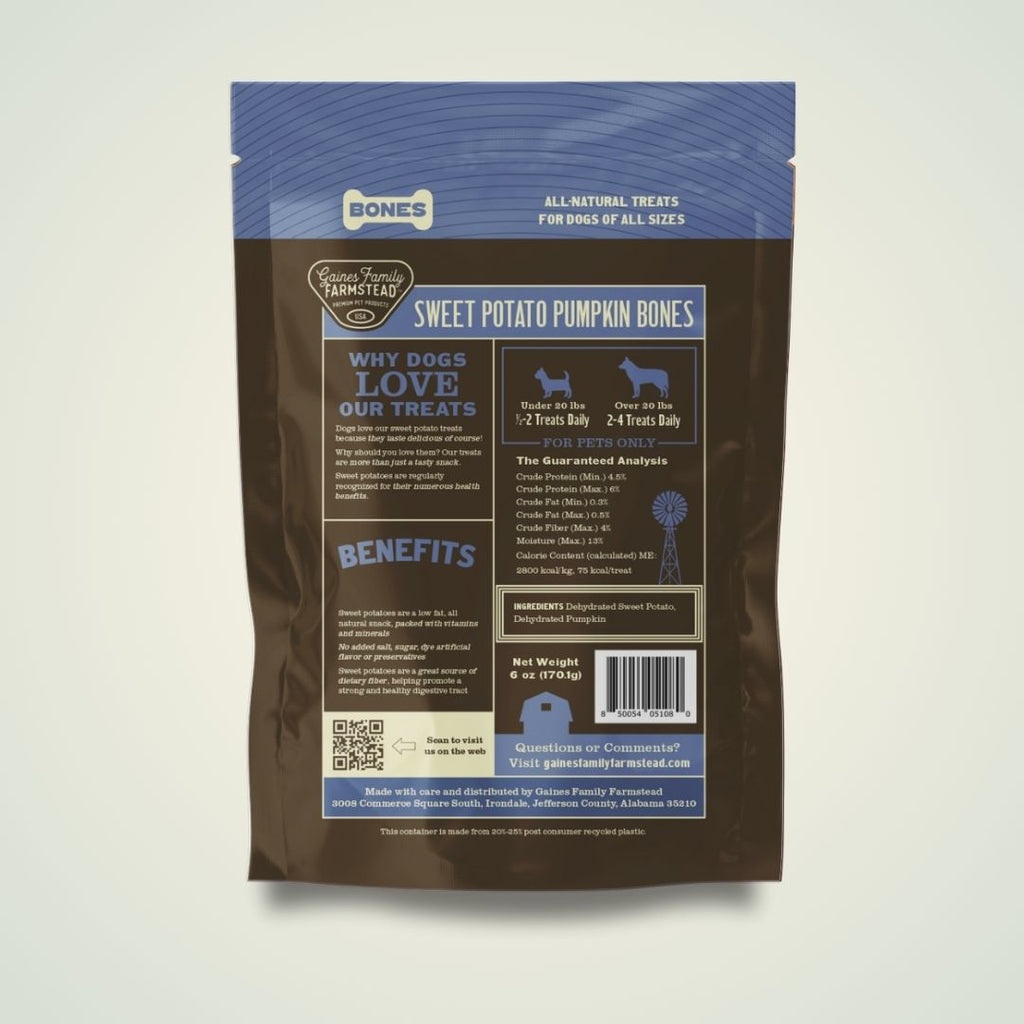 Back of a dog treat package with text and branding on a light gray background