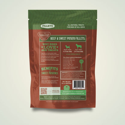 Dog treat package with green and brown design on a light gray background