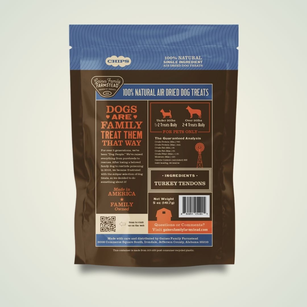 Dog treat package with visible branding and text on a light gray background