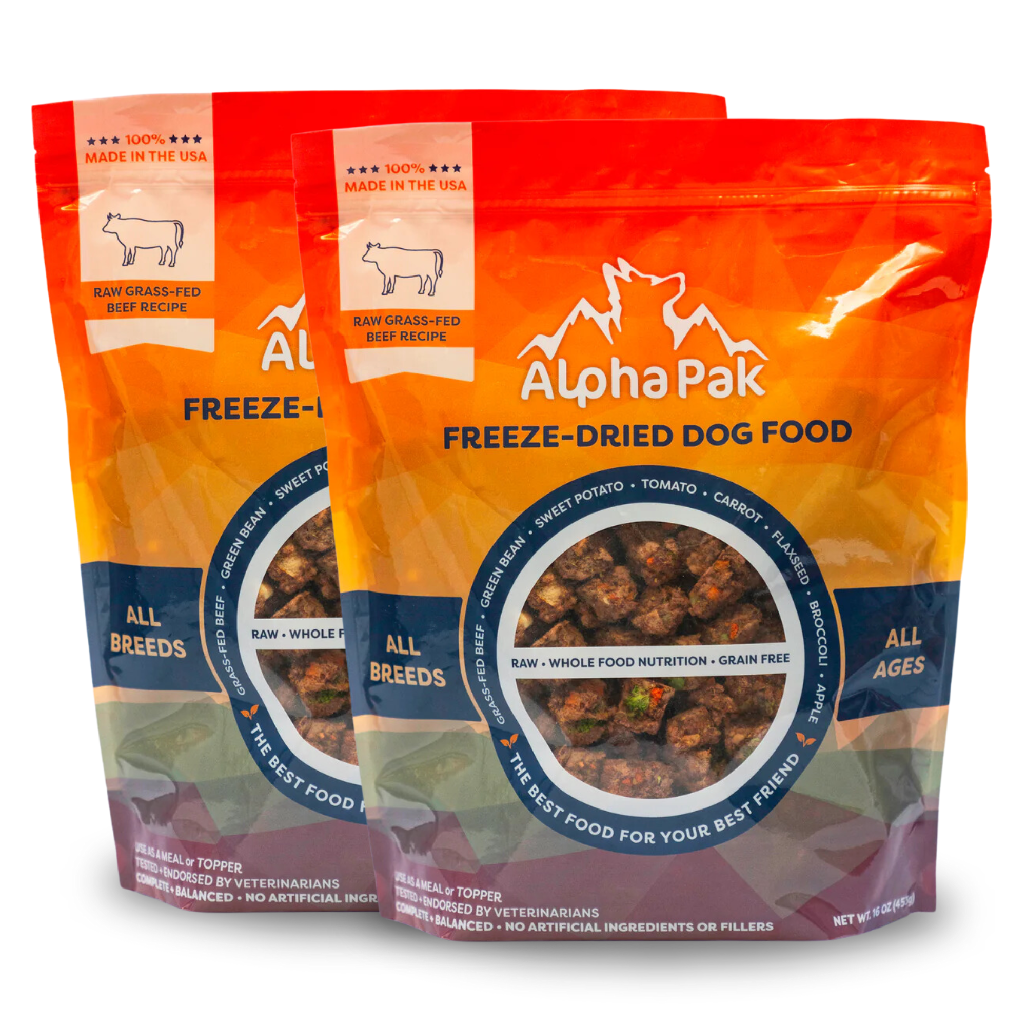 Two packages of AlphaPak freeze-dried dog food on a white background
