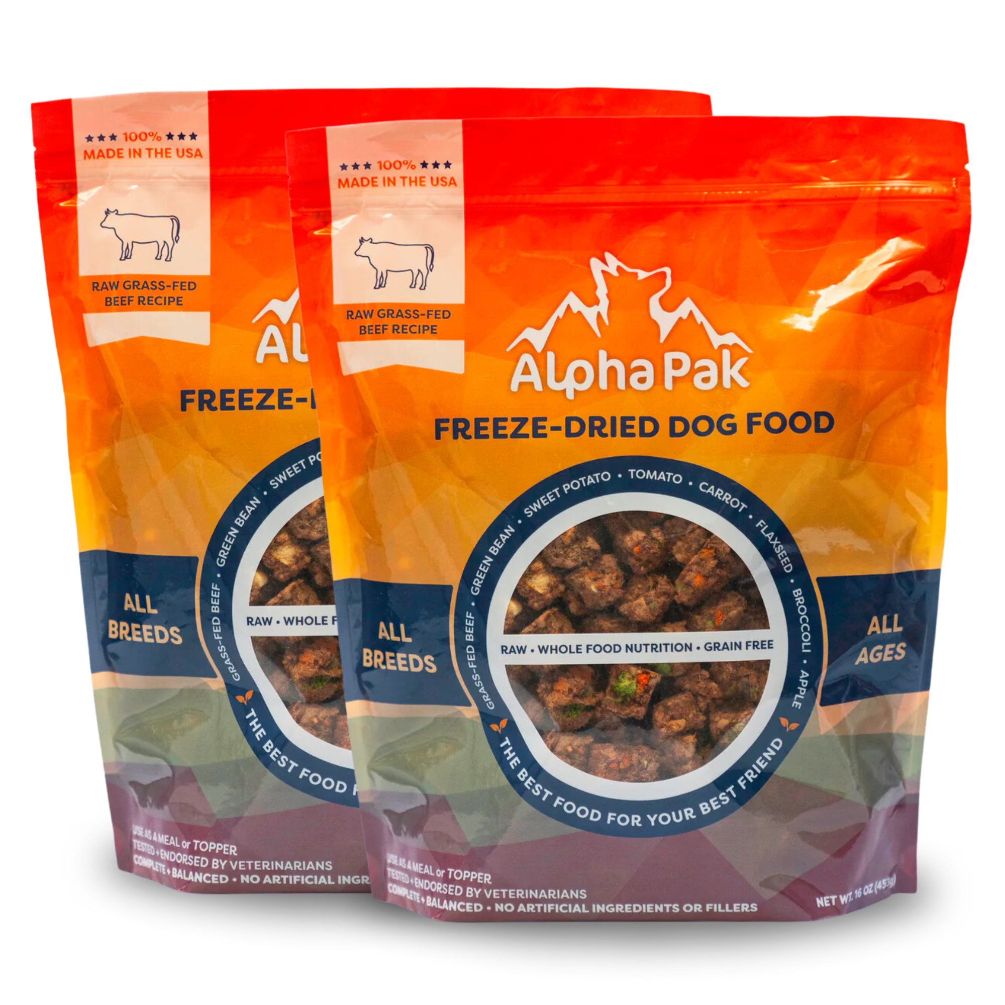 Two packages of AlphaPak freeze-dried dog food on a white background