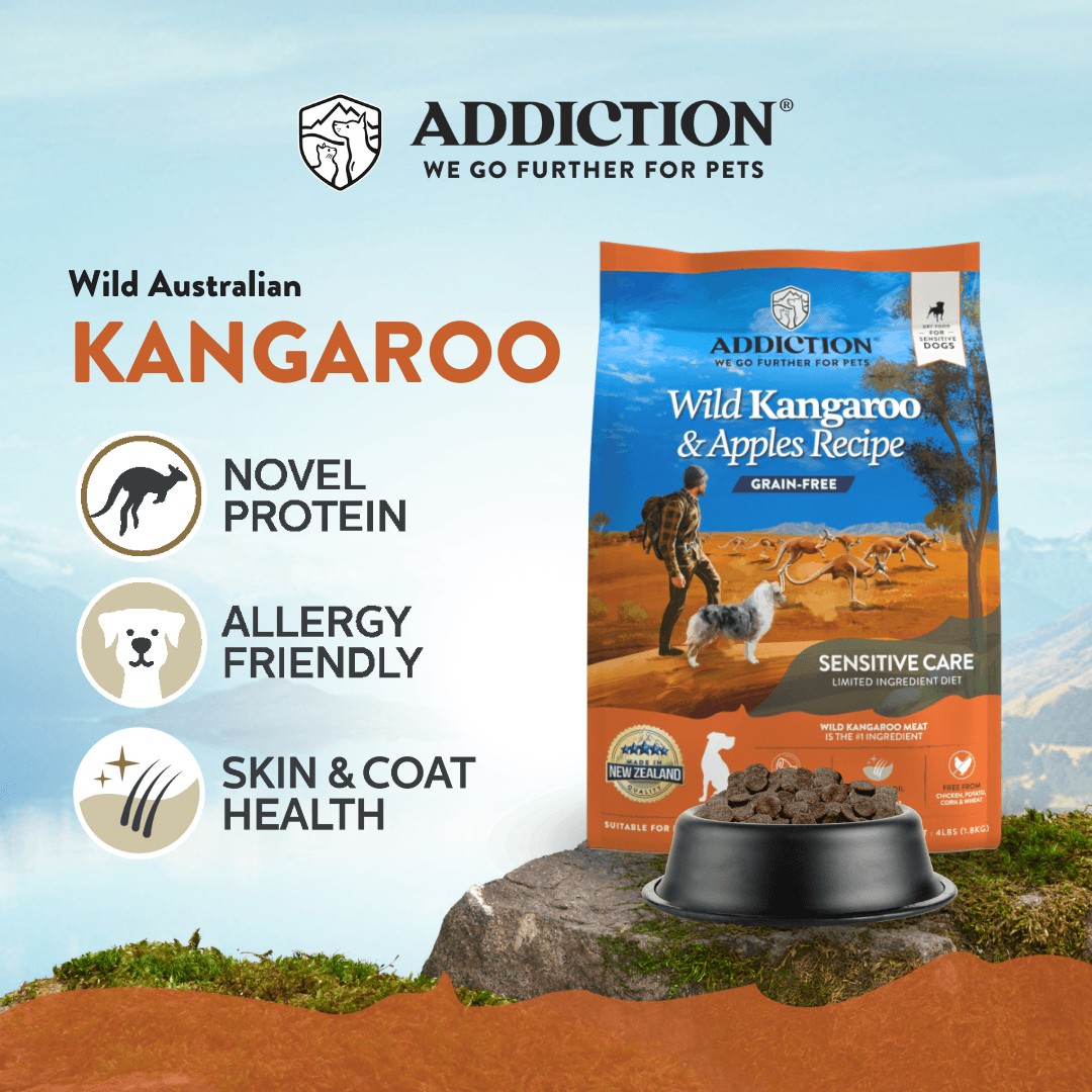 Addiction Wild Australian Kangaroo dog food package with promotional text on a scenic background