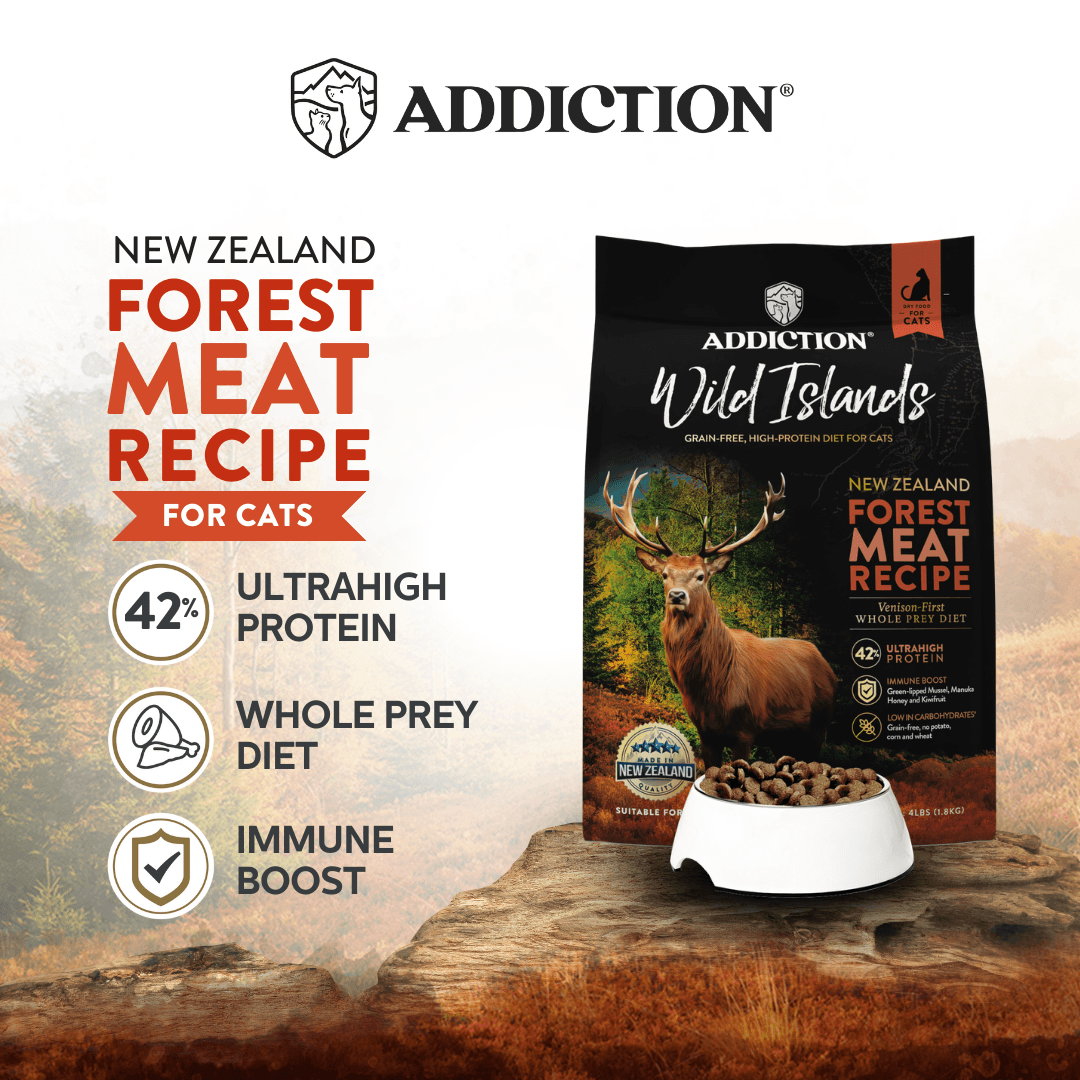 Addiction Wild Islands cat food package with a deer on a forest background