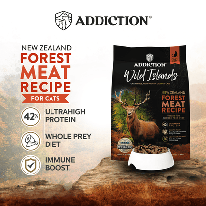 Addiction Wild Islands cat food package with a deer on a forest background