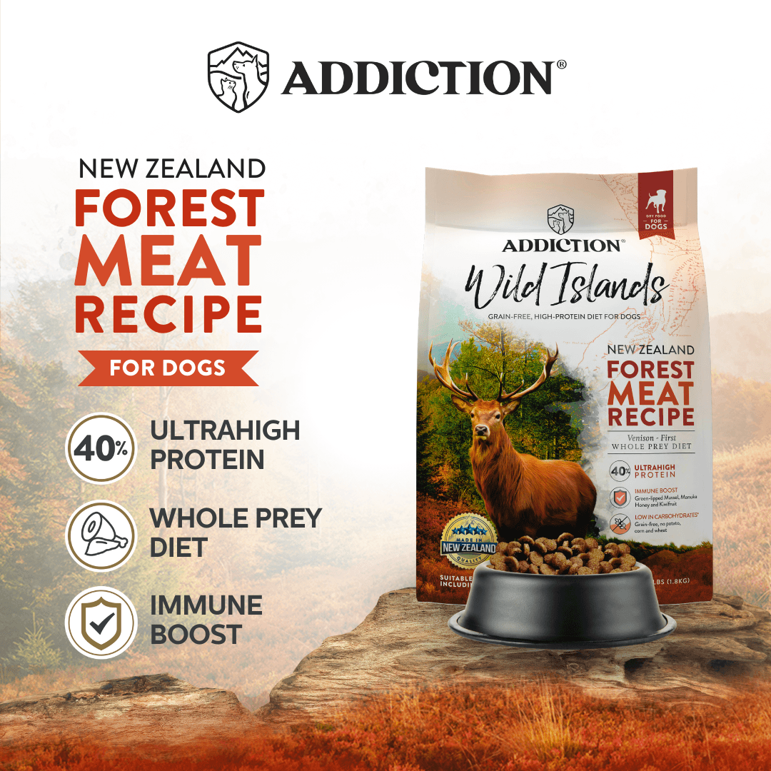 Addiction New Zealand Forest Meat Recipe for dogs packaging with a deer illustration on a scenic background.