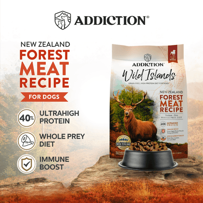 Addiction New Zealand Forest Meat Recipe for dogs packaging with a deer illustration on a scenic background.