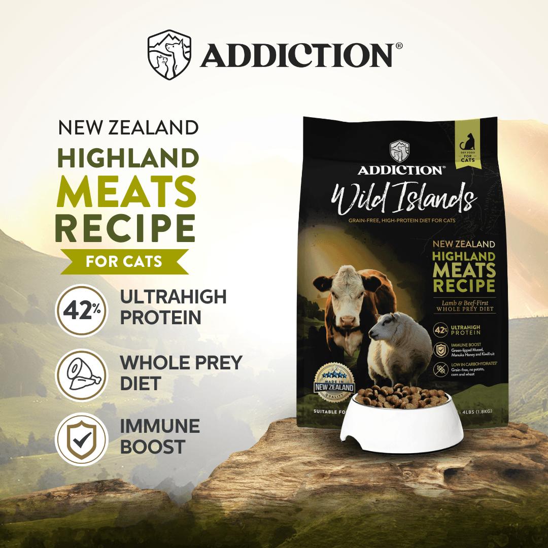 Addiction New Zealand Highland Meats Recipe for cats packaging with promotional text on a scenic background.