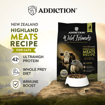 Addiction New Zealand Highland Meats Recipe for cats packaging with promotional text on a scenic background.
