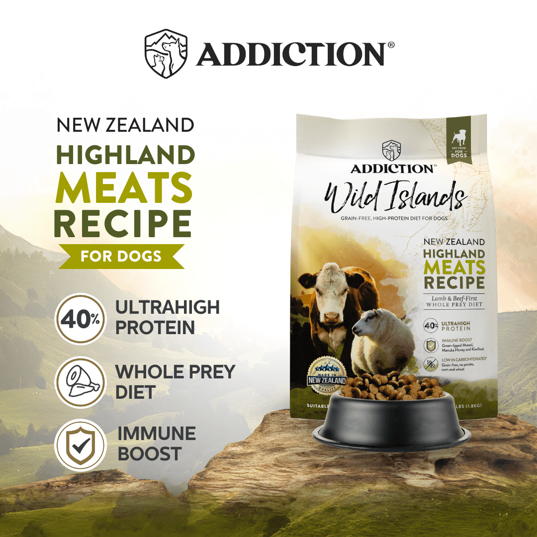 Addiction New Zealand Highland Meats recipe dog food packaging with a bowl of food on a natural background.