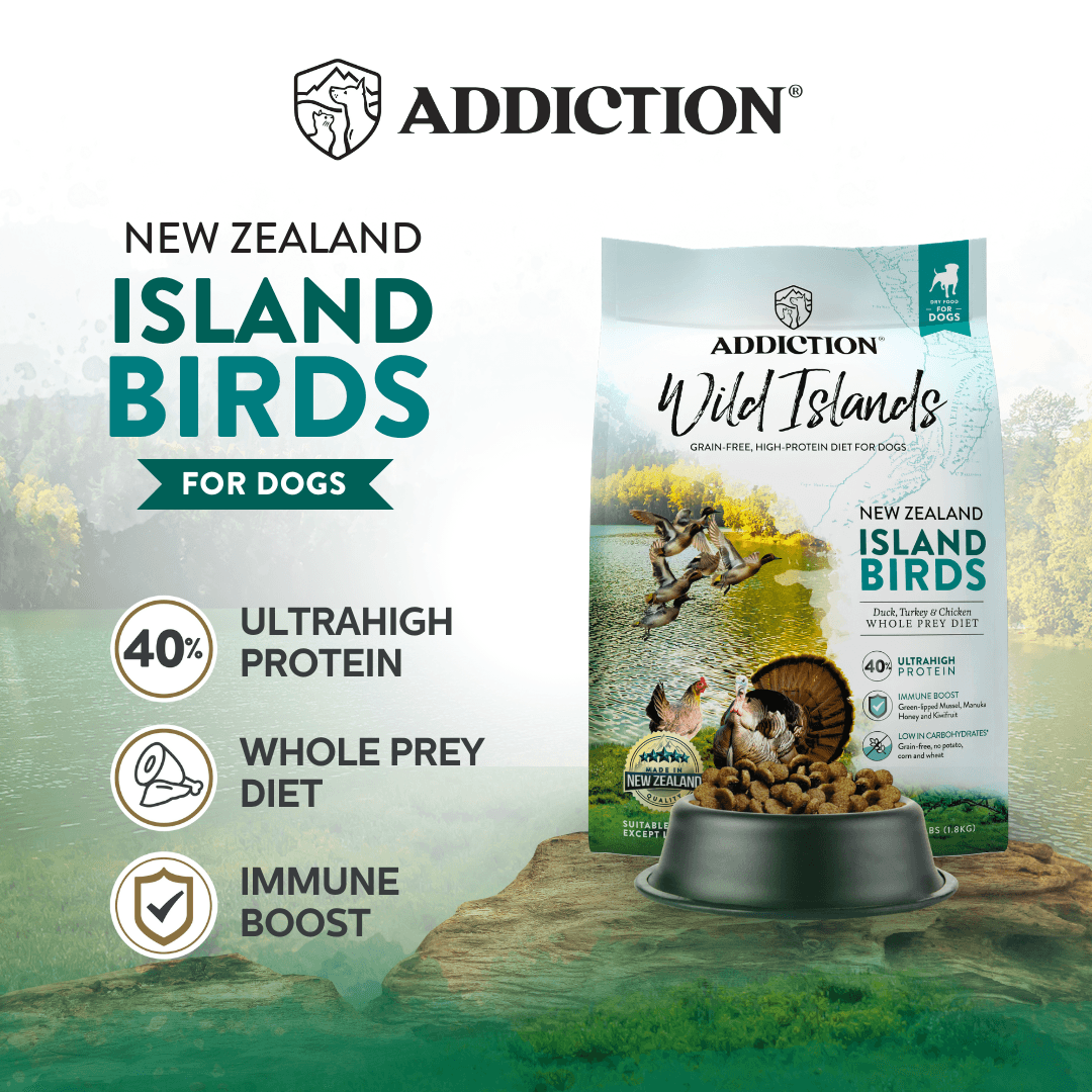 Addiction New Zealand Island Birds dog food packaging with scenic background