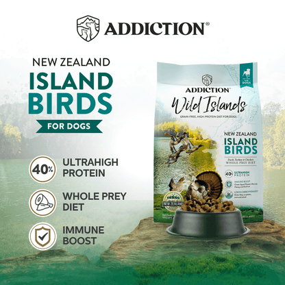 Addiction New Zealand Island Birds dog food packaging with scenic background