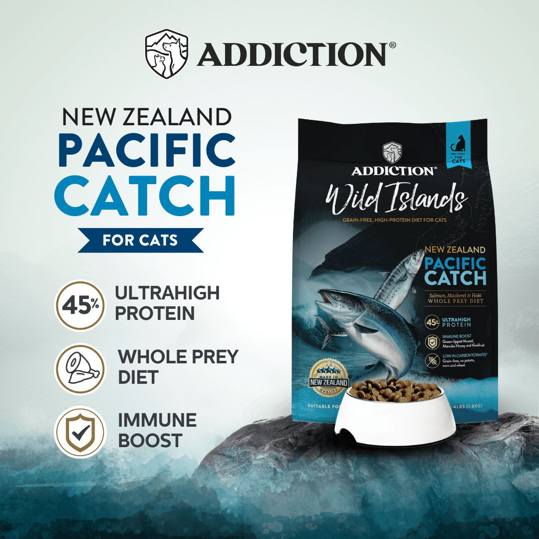 Addiction New Zealand Pacific Catch for cats packaging with shark illustration on a gray background
