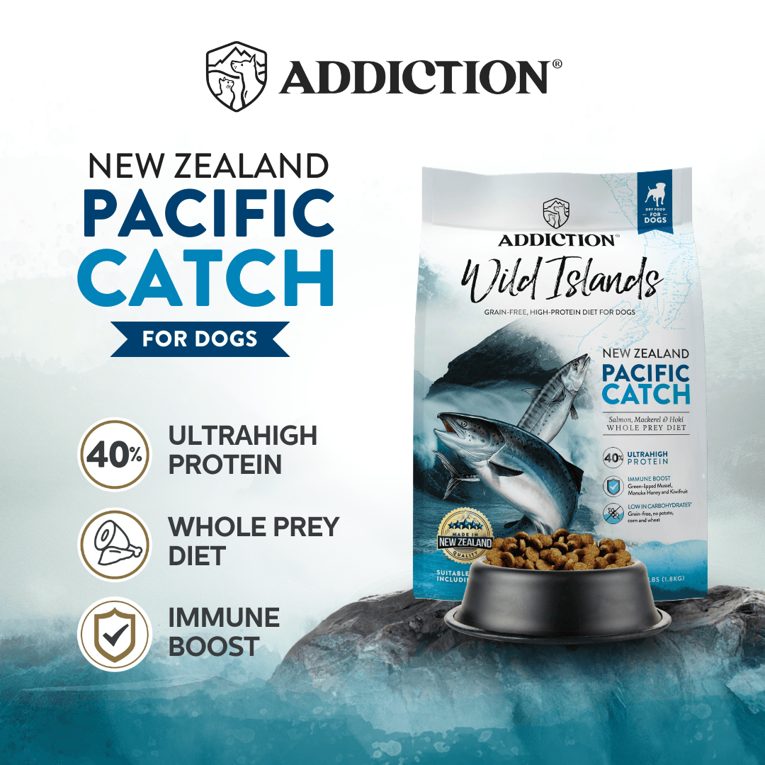Addiction New Zealand Pacific Catch dog food packaging with product details on a blue and white background.