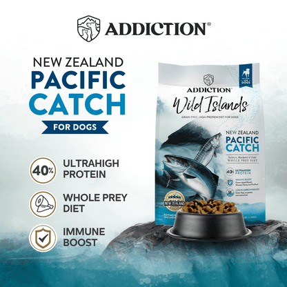 Addiction New Zealand Pacific Catch dog food packaging with product details on a blue and white background.