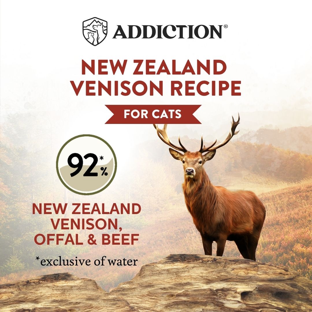 Advertisement for Addiction New Zealand Venison Recipe cat food with a deer on a mountain background.